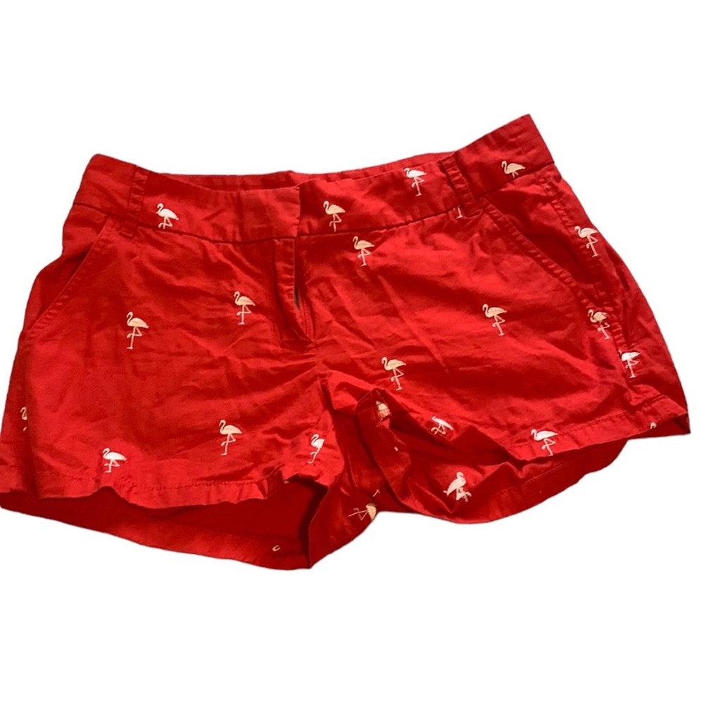 J Crew Factory Orange Red Embroidered Flamingo Shorts Size 2
